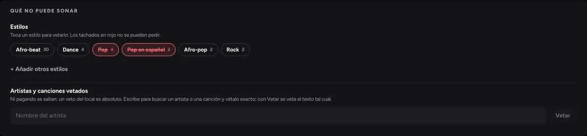 El bloque «Qué no puede sonar» del panel del local